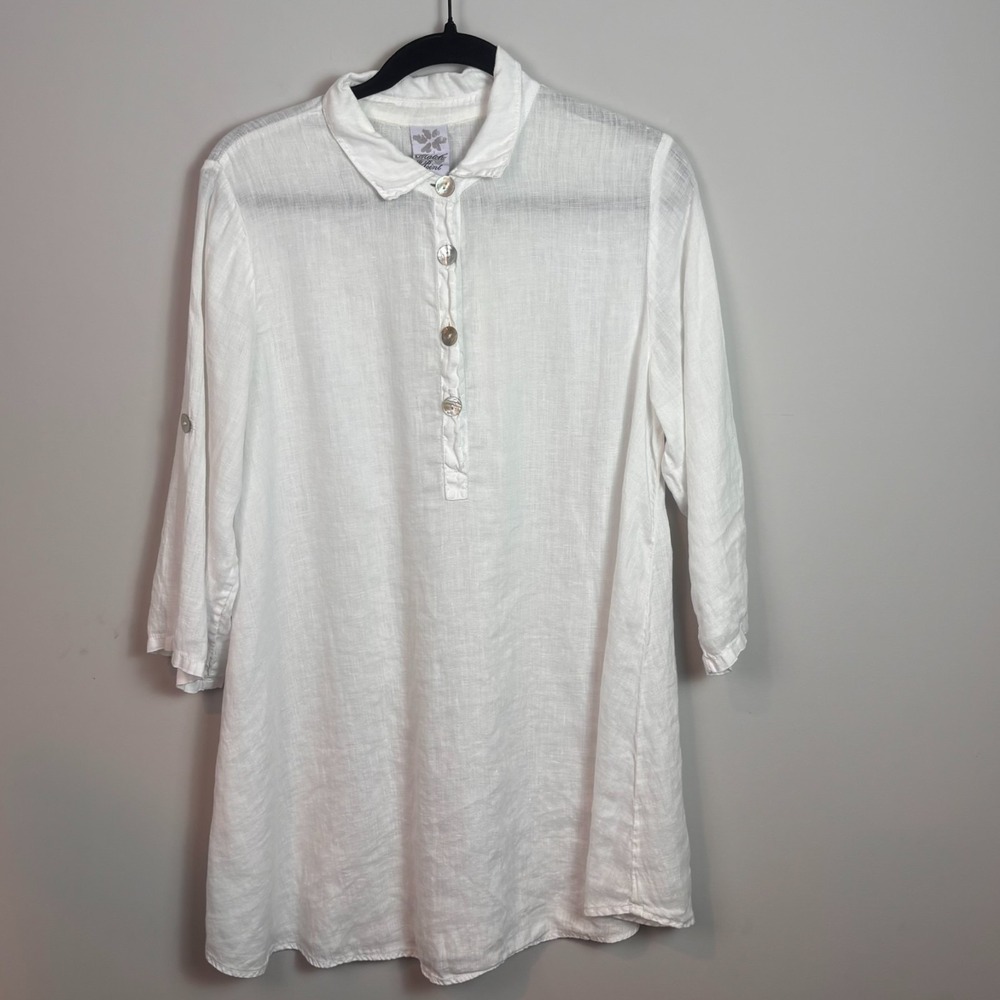 Match Point 100% Linen Womens White tunic oversized top Small lagenlook‎ artsy
